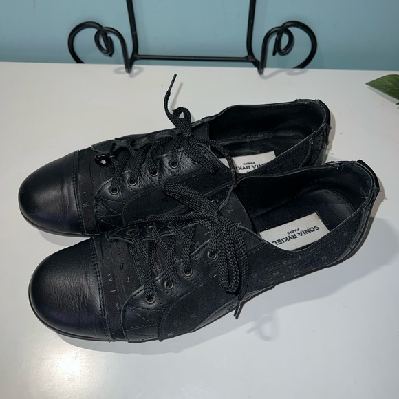 Sonia Rykiel Paris Black Leather/Satin Lace Up Sneakers with Rhinestone - Picture 2 of 11